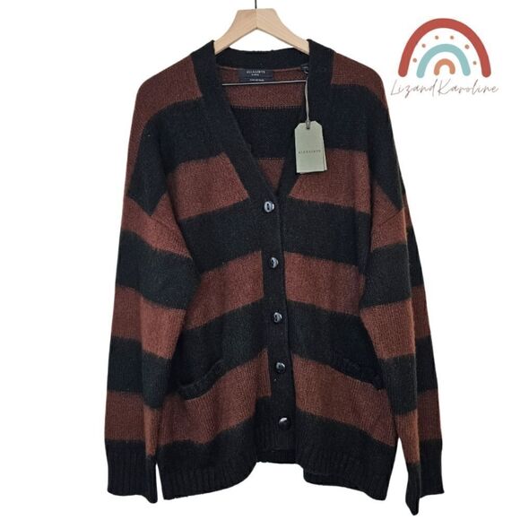 New! AllSaints Lou Stripe Wool Italian Brushed Knit Cardigan Oversized Sweater - Picture 3 of 14